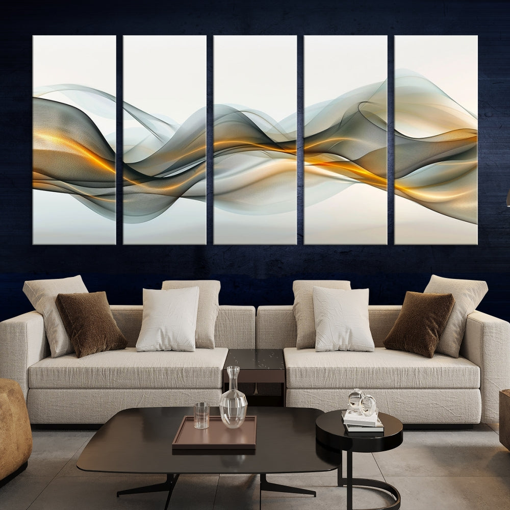 The living room showcases an elegant Abstract Wave Canvas Wall Art – Fluid Contemporary Elegance in Motion – Ready to Hang, featuring swirling blue and golden waves, adding a touch of sophistication to the space.