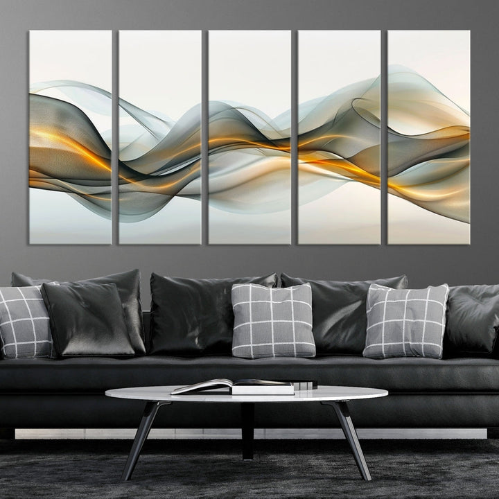 The living room showcases an elegant Abstract Wave Canvas Wall Art – Fluid Contemporary Elegance in Motion – Ready to Hang, featuring swirling blue and golden waves, adding a touch of sophistication to the space.