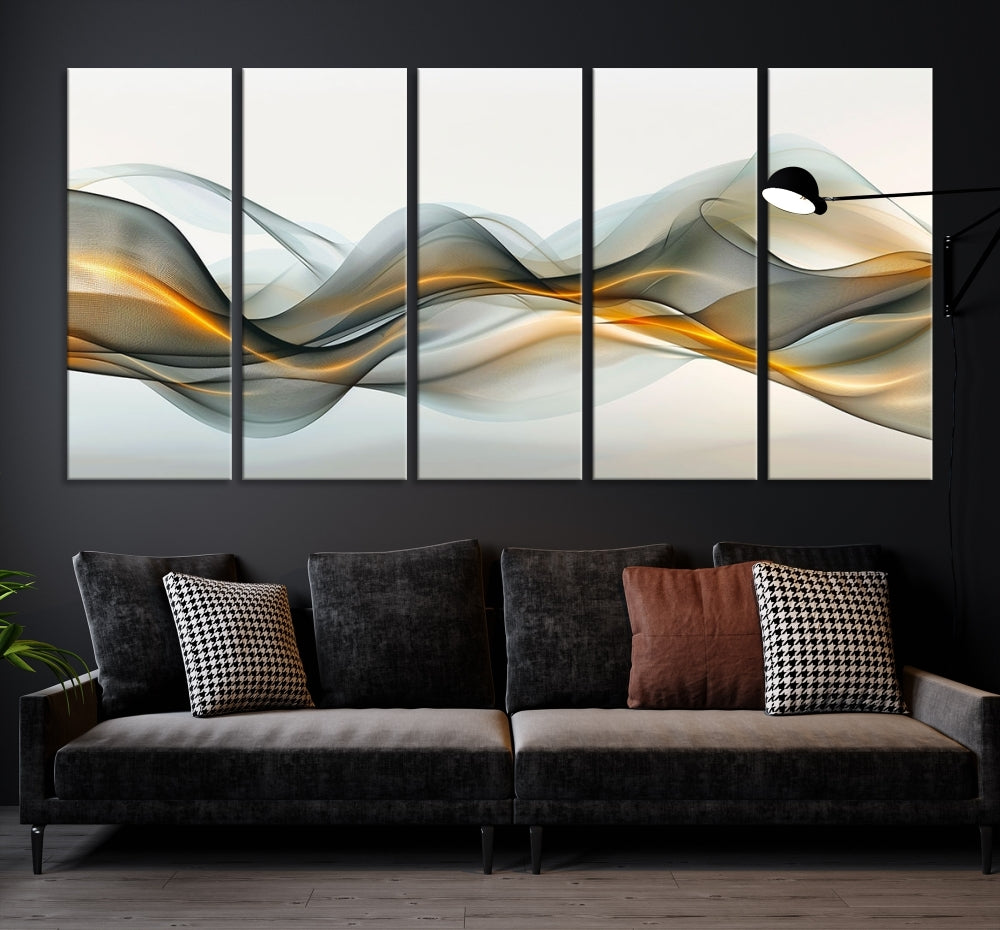 The living room showcases an elegant Abstract Wave Canvas Wall Art – Fluid Contemporary Elegance in Motion – Ready to Hang, featuring swirling blue and golden waves, adding a touch of sophistication to the space.