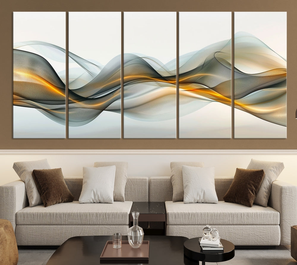 The living room showcases an elegant Abstract Wave Canvas Wall Art – Fluid Contemporary Elegance in Motion – Ready to Hang, featuring swirling blue and golden waves, adding a touch of sophistication to the space.