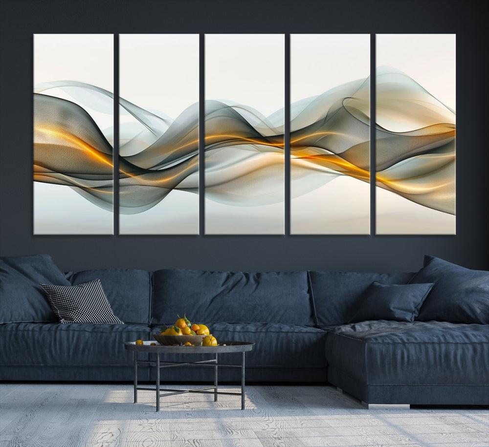 The living room showcases an elegant Abstract Wave Canvas Wall Art – Fluid Contemporary Elegance in Motion – Ready to Hang, featuring swirling blue and golden waves, adding a touch of sophistication to the space.