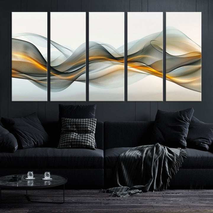 The living room showcases an elegant Abstract Wave Canvas Wall Art – Fluid Contemporary Elegance in Motion – Ready to Hang, featuring swirling blue and golden waves, adding a touch of sophistication to the space.