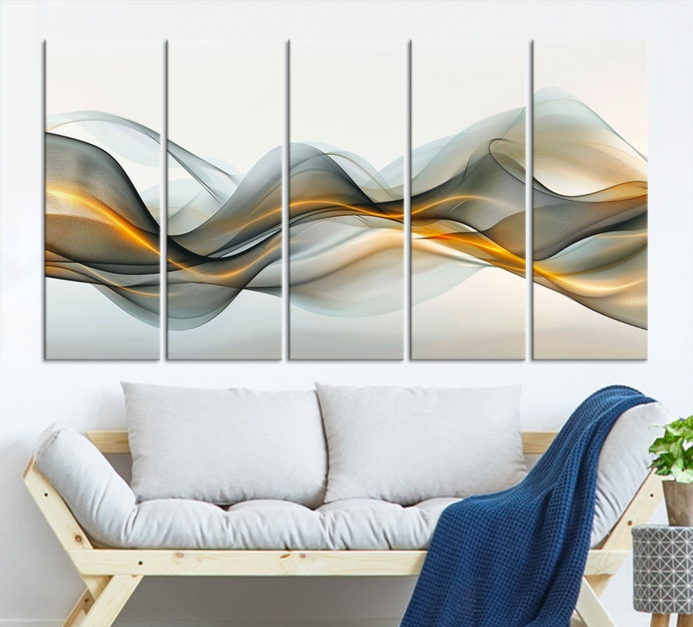 The living room showcases an elegant Abstract Wave Canvas Wall Art – Fluid Contemporary Elegance in Motion – Ready to Hang, featuring swirling blue and golden waves, adding a touch of sophistication to the space.