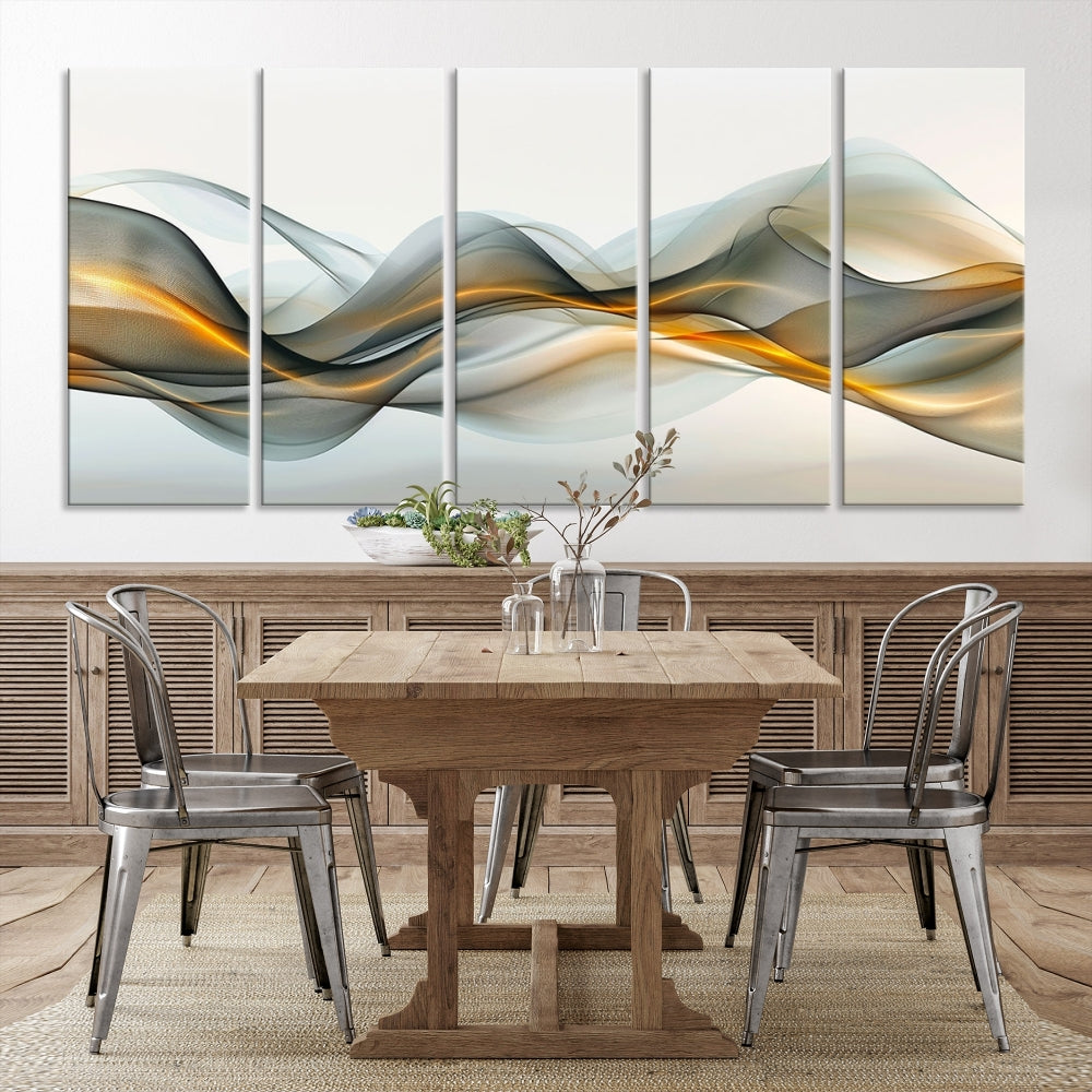 The living room showcases an elegant Abstract Wave Canvas Wall Art – Fluid Contemporary Elegance in Motion – Ready to Hang, featuring swirling blue and golden waves, adding a touch of sophistication to the space.