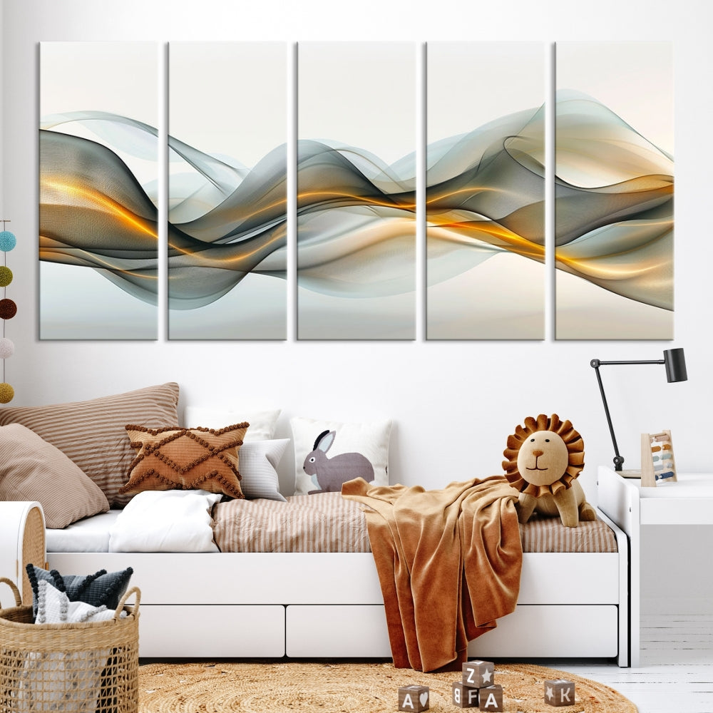 The living room showcases an elegant Abstract Wave Canvas Wall Art – Fluid Contemporary Elegance in Motion – Ready to Hang, featuring swirling blue and golden waves, adding a touch of sophistication to the space.