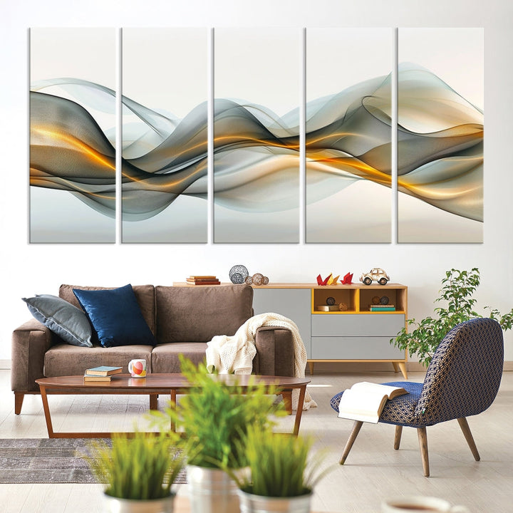 The living room showcases an elegant Abstract Wave Canvas Wall Art – Fluid Contemporary Elegance in Motion – Ready to Hang, featuring swirling blue and golden waves, adding a touch of sophistication to the space.