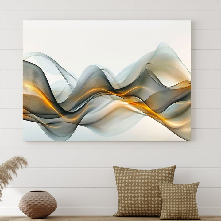 The living room showcases an elegant Abstract Wave Canvas Wall Art – Fluid Contemporary Elegance in Motion – Ready to Hang, featuring swirling blue and golden waves, adding a touch of sophistication to the space.