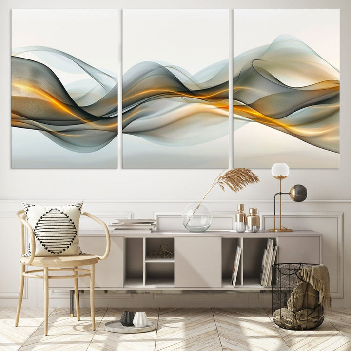 The living room showcases an elegant Abstract Wave Canvas Wall Art – Fluid Contemporary Elegance in Motion – Ready to Hang, featuring swirling blue and golden waves, adding a touch of sophistication to the space.