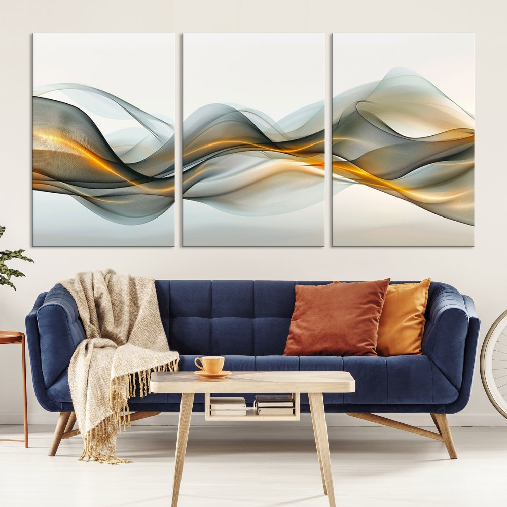 The living room showcases an elegant Abstract Wave Canvas Wall Art – Fluid Contemporary Elegance in Motion – Ready to Hang, featuring swirling blue and golden waves, adding a touch of sophistication to the space.