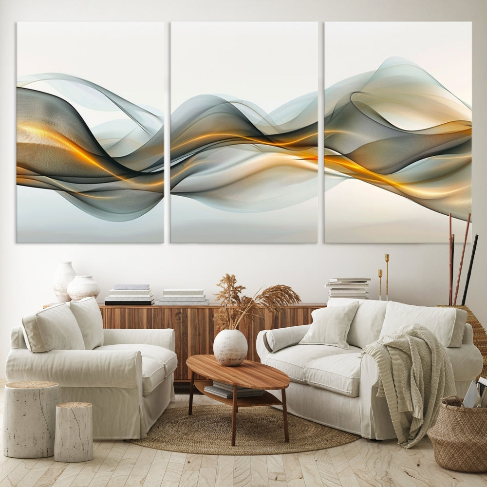 The living room showcases an elegant Abstract Wave Canvas Wall Art – Fluid Contemporary Elegance in Motion – Ready to Hang, featuring swirling blue and golden waves, adding a touch of sophistication to the space.