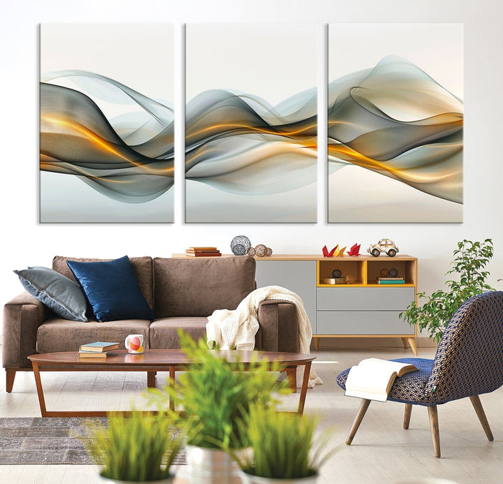 The living room showcases an elegant Abstract Wave Canvas Wall Art – Fluid Contemporary Elegance in Motion – Ready to Hang, featuring swirling blue and golden waves, adding a touch of sophistication to the space.