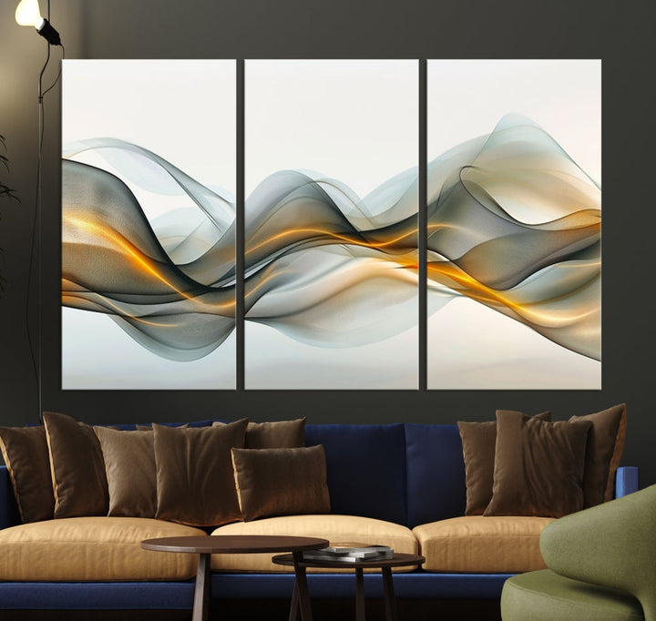 The living room showcases an elegant Abstract Wave Canvas Wall Art – Fluid Contemporary Elegance in Motion – Ready to Hang, featuring swirling blue and golden waves, adding a touch of sophistication to the space.