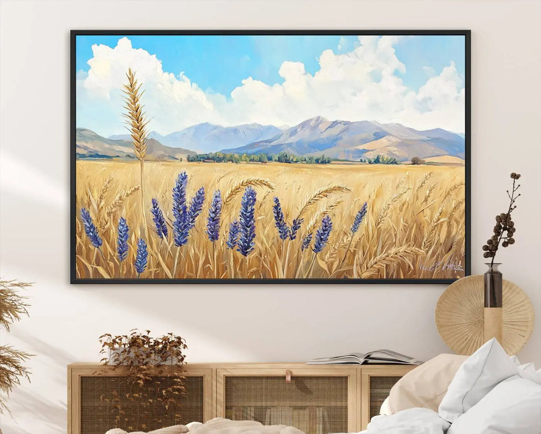 The Abstract Wheat Field Wall Art is a scenic landscape canvas print featuring golden wheat fields and lavender blooms, ideal for farmhouse or rustic decor.