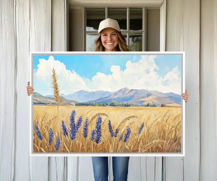 The Abstract Wheat Field Wall Art is a scenic landscape canvas print featuring golden wheat fields and lavender blooms, ideal for farmhouse or rustic decor.