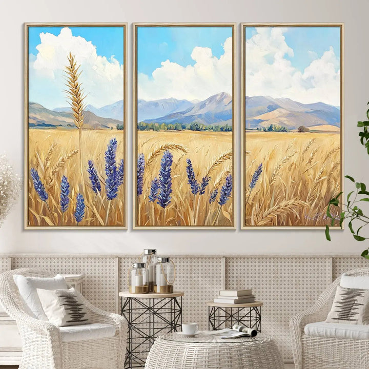 The Abstract Wheat Field Wall Art is a scenic landscape canvas print featuring golden wheat fields and lavender blooms, ideal for farmhouse or rustic decor.