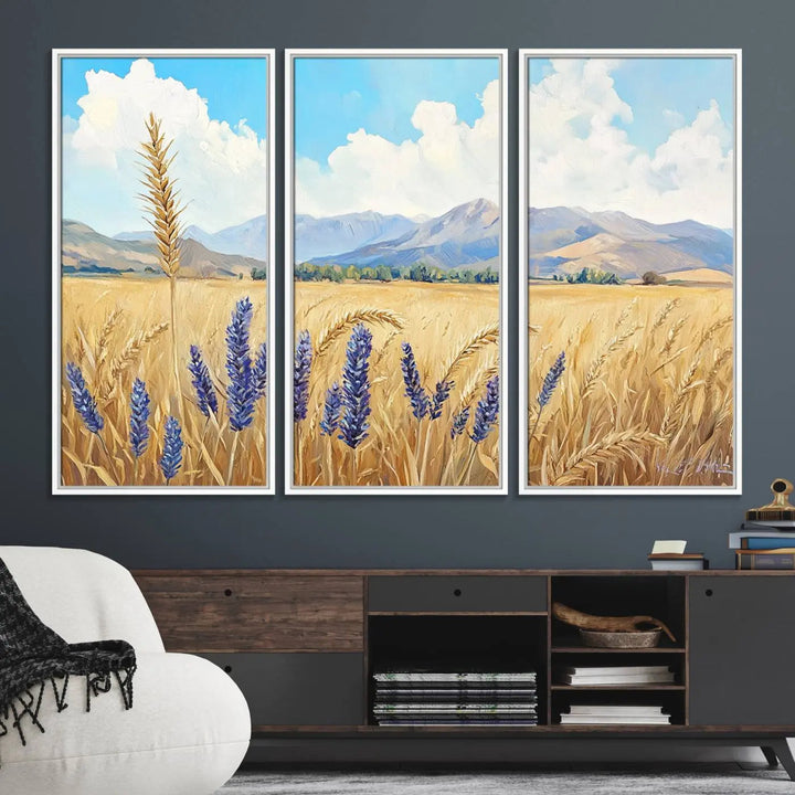 The Abstract Wheat Field Wall Art is a scenic landscape canvas print featuring golden wheat fields and lavender blooms, ideal for farmhouse or rustic decor.