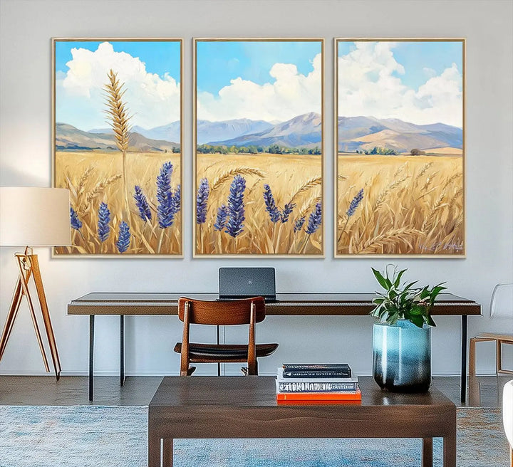 The Abstract Wheat Field Wall Art is a scenic landscape canvas print featuring golden wheat fields and lavender blooms, ideal for farmhouse or rustic decor.