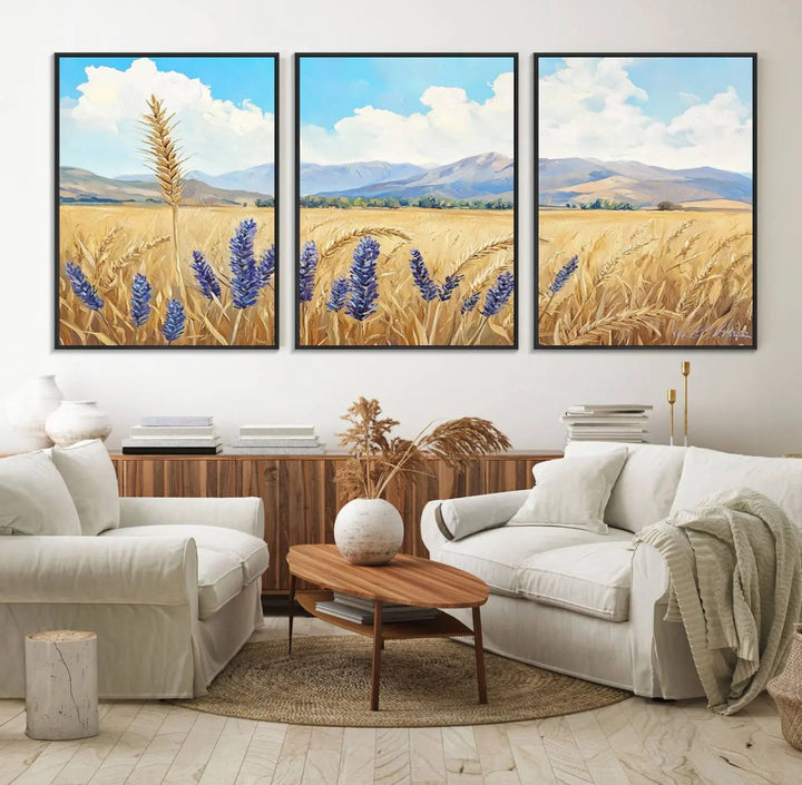 The Abstract Wheat Field Wall Art is a scenic landscape canvas print featuring golden wheat fields and lavender blooms, ideal for farmhouse or rustic decor.