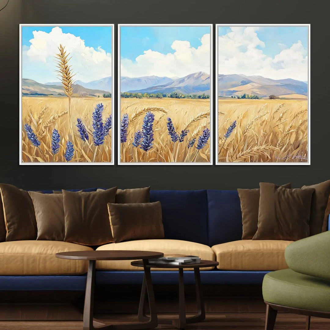 The Abstract Wheat Field Wall Art is a scenic landscape canvas print featuring golden wheat fields and lavender blooms, ideal for farmhouse or rustic decor.