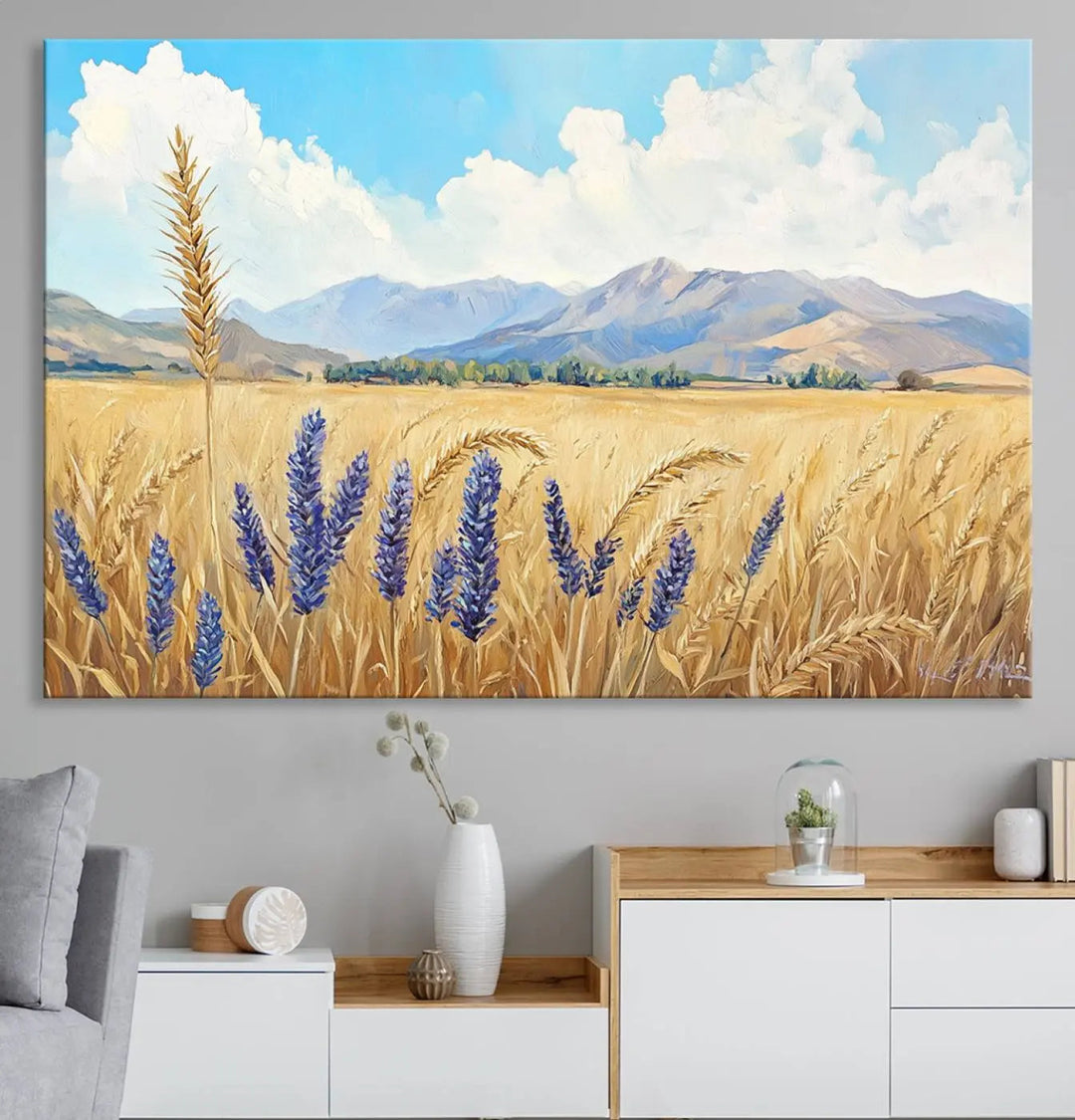 Abstract Wheat Field Wall Art, featuring a scenic landscape canvas print of golden wheat and lavender, adds charm to any farmhouse or rustic decor.