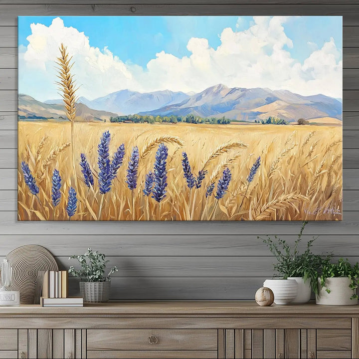 Abstract Wheat Field Wall Art, featuring a scenic landscape canvas print of golden wheat and lavender, adds charm to any farmhouse or rustic decor.