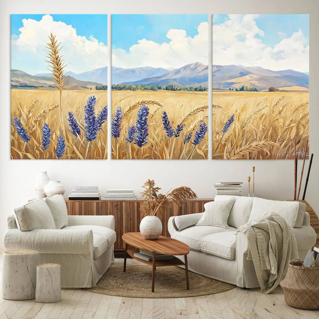 Abstract Wheat Field Wall Art, featuring a scenic landscape canvas print of golden wheat and lavender, adds charm to any farmhouse or rustic decor.