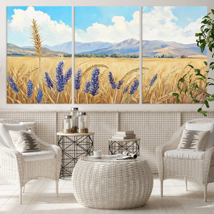 Abstract Wheat Field Wall Art, featuring a scenic landscape canvas print of golden wheat and lavender, adds charm to any farmhouse or rustic decor.