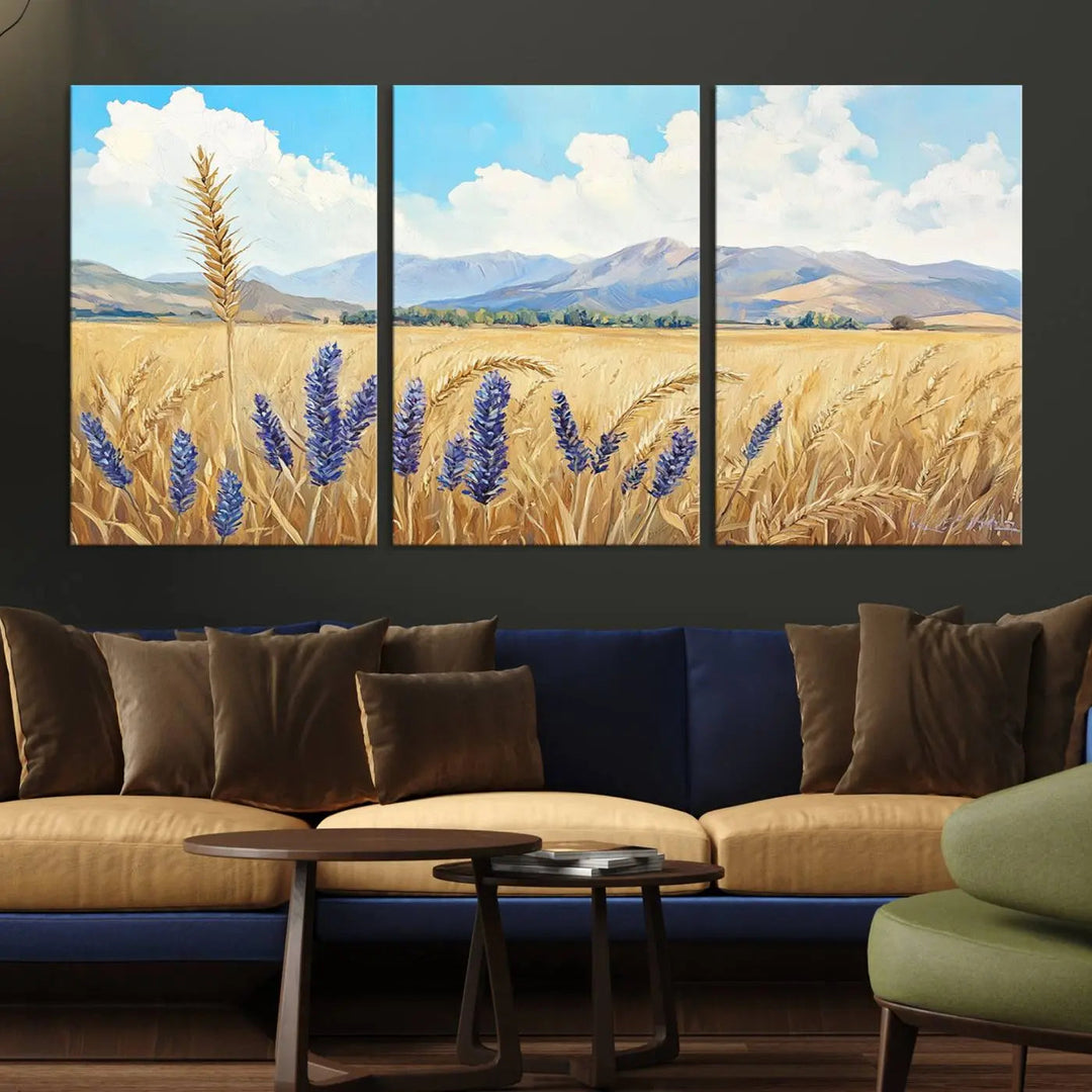 Abstract Wheat Field Wall Art, featuring a scenic landscape canvas print of golden wheat and lavender, adds charm to any farmhouse or rustic decor.