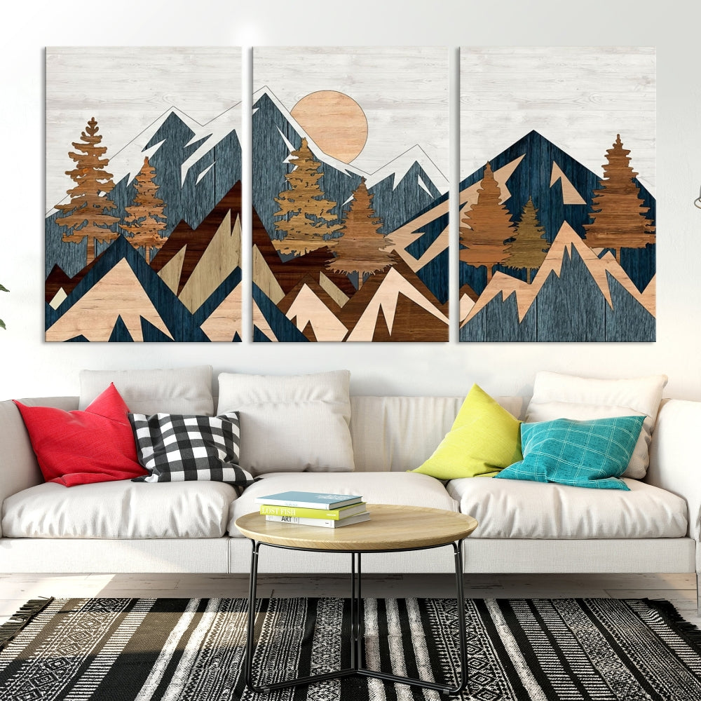 The Abstract Wood Panel Effect Mountain Range Top Wall Art Canvas Print is a striking three-panel art piece featuring mountains, trees, and the sun. Each canvas is gallery wrapped on museum-quality materials and comes with UV protection to ensure durability and preservation.