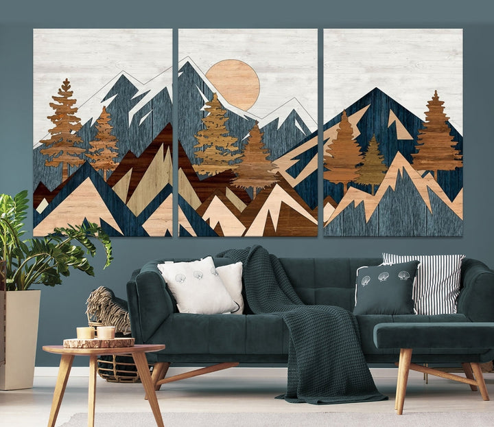 The Abstract Wood Panel Effect Mountain Range Top Wall Art Canvas Print is a striking three-panel art piece featuring mountains, trees, and the sun. Each canvas is gallery wrapped on museum-quality materials and comes with UV protection to ensure durability and preservation.