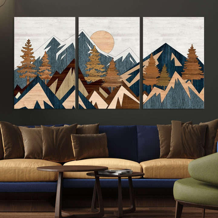 The Abstract Wood Panel Effect Mountain Range Top Wall Art Canvas Print is a striking three-panel art piece featuring mountains, trees, and the sun. Each canvas is gallery wrapped on museum-quality materials and comes with UV protection to ensure durability and preservation.