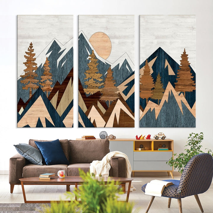 The Abstract Wood Panel Effect Mountain Range Top Wall Art Canvas Print is a striking three-panel art piece featuring mountains, trees, and the sun. Each canvas is gallery wrapped on museum-quality materials and comes with UV protection to ensure durability and preservation.