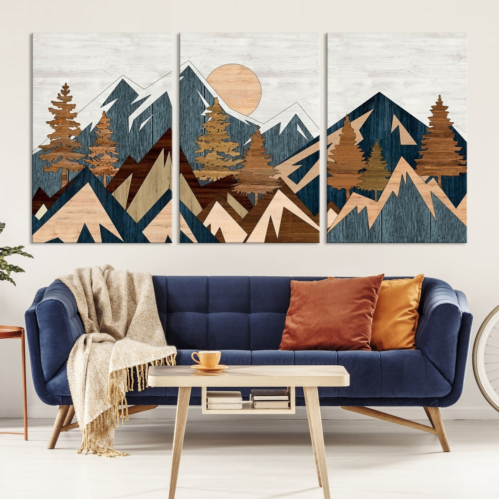 The Abstract Wood Panel Effect Mountain Range Top Wall Art Canvas Print is a striking three-panel art piece featuring mountains, trees, and the sun. Each canvas is gallery wrapped on museum-quality materials and comes with UV protection to ensure durability and preservation.