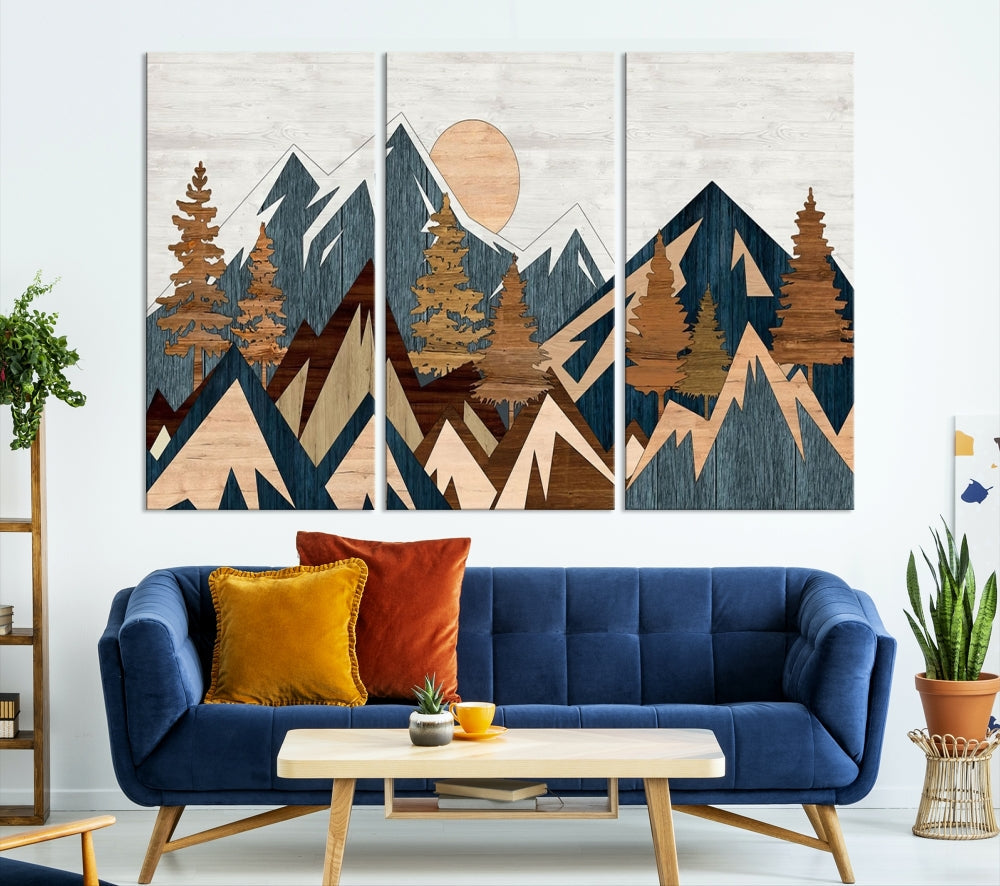 The Abstract Wood Panel Effect Mountain Range Top Wall Art Canvas Print is a striking three-panel art piece featuring mountains, trees, and the sun. Each canvas is gallery wrapped on museum-quality materials and comes with UV protection to ensure durability and preservation.