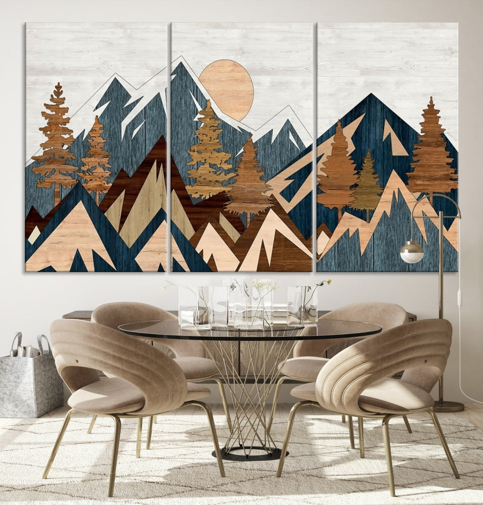 The Abstract Wood Panel Effect Mountain Range Top Wall Art Canvas Print is a striking three-panel art piece featuring mountains, trees, and the sun. Each canvas is gallery wrapped on museum-quality materials and comes with UV protection to ensure durability and preservation.