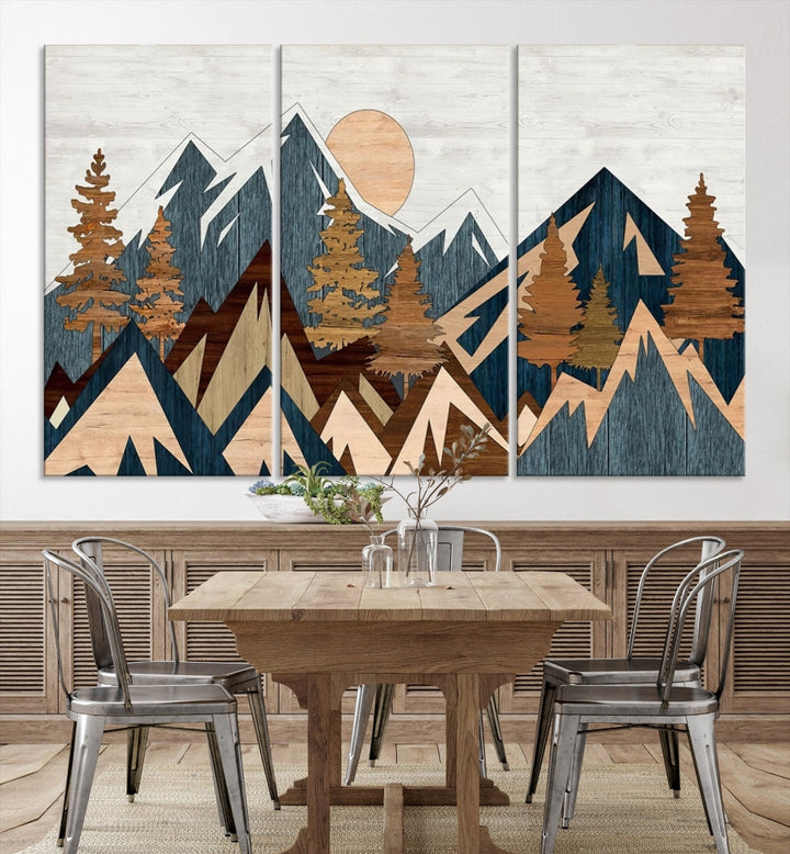 The Abstract Wood Panel Effect Mountain Range Top Wall Art Canvas Print is a striking three-panel art piece featuring mountains, trees, and the sun. Each canvas is gallery wrapped on museum-quality materials and comes with UV protection to ensure durability and preservation.