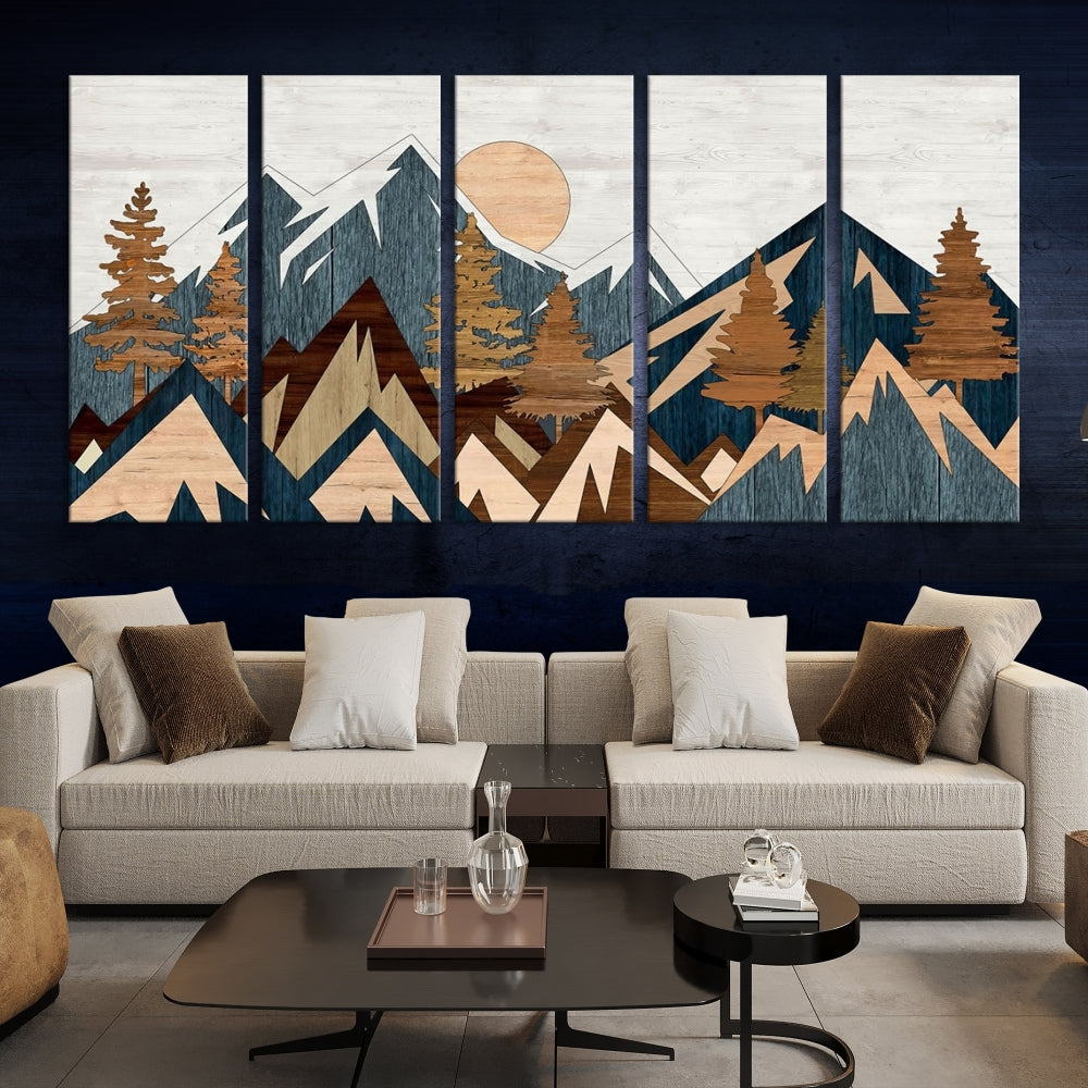 The Abstract Wood Panel Effect Mountain Range Top Wall Art Canvas Print is a striking three-panel art piece featuring mountains, trees, and the sun. Each canvas is gallery wrapped on museum-quality materials and comes with UV protection to ensure durability and preservation.