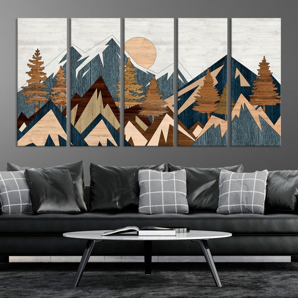 The Abstract Wood Panel Effect Mountain Range Top Wall Art Canvas Print is a striking three-panel art piece featuring mountains, trees, and the sun. Each canvas is gallery wrapped on museum-quality materials and comes with UV protection to ensure durability and preservation.