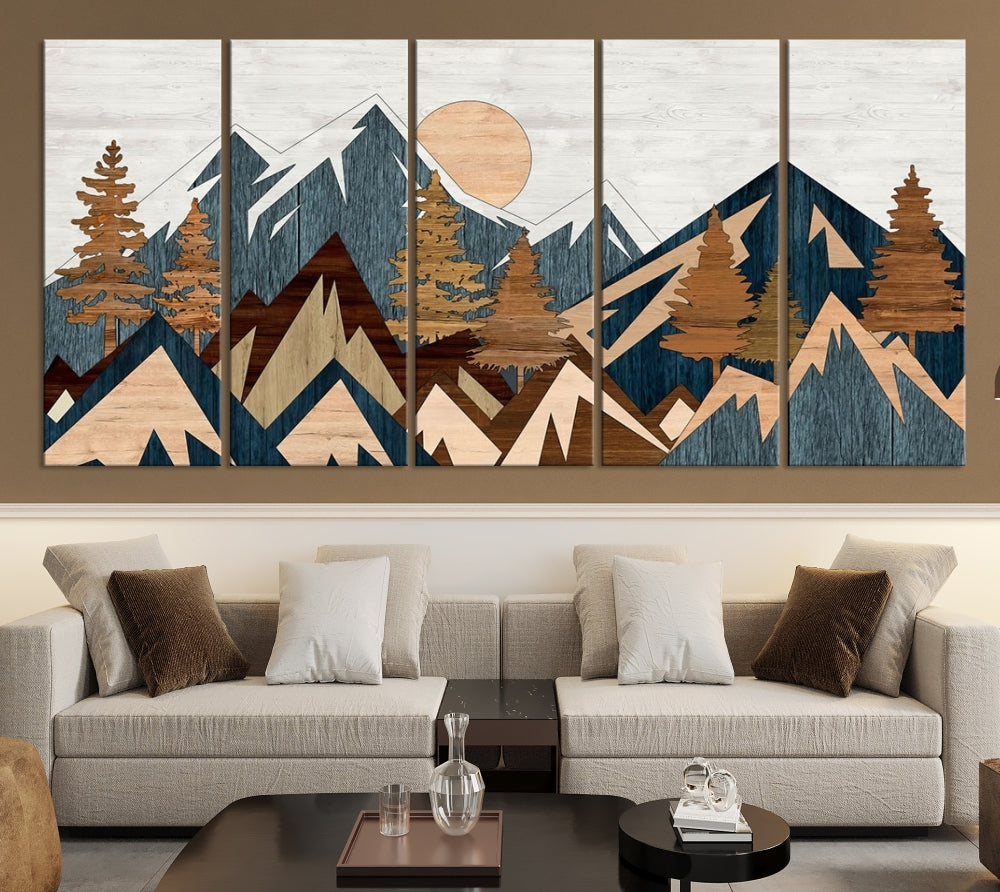 The Abstract Wood Panel Effect Mountain Range Top Wall Art Canvas Print is a striking three-panel art piece featuring mountains, trees, and the sun. Each canvas is gallery wrapped on museum-quality materials and comes with UV protection to ensure durability and preservation.