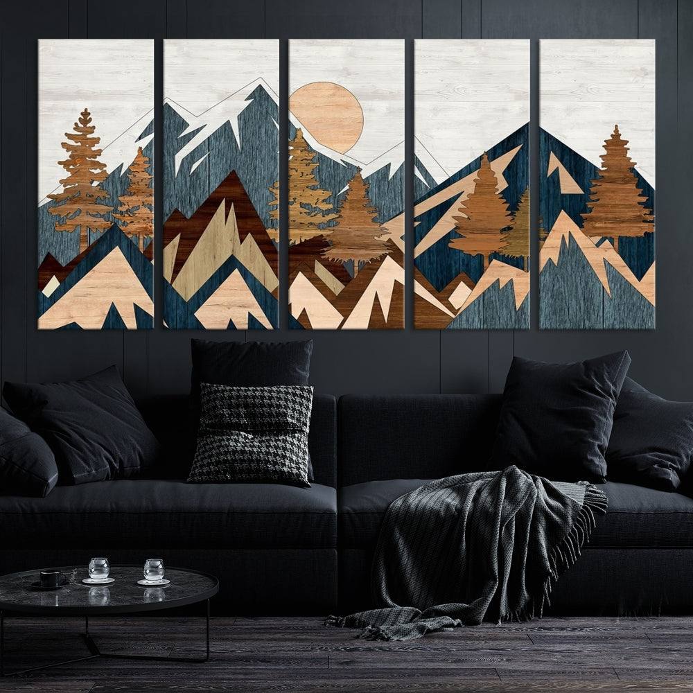 The Abstract Wood Panel Effect Mountain Range Top Wall Art Canvas Print is a striking three-panel art piece featuring mountains, trees, and the sun. Each canvas is gallery wrapped on museum-quality materials and comes with UV protection to ensure durability and preservation.