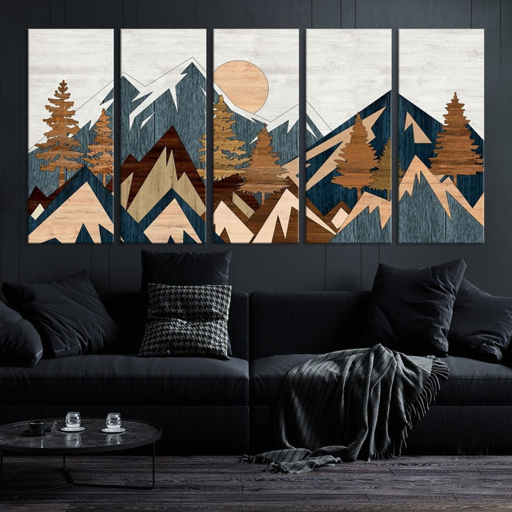 The Abstract Wood Panel Effect Mountain Range Top Wall Art Canvas Print is a striking three-panel art piece featuring mountains, trees, and the sun. Each canvas is gallery wrapped on museum-quality materials and comes with UV protection to ensure durability and preservation.