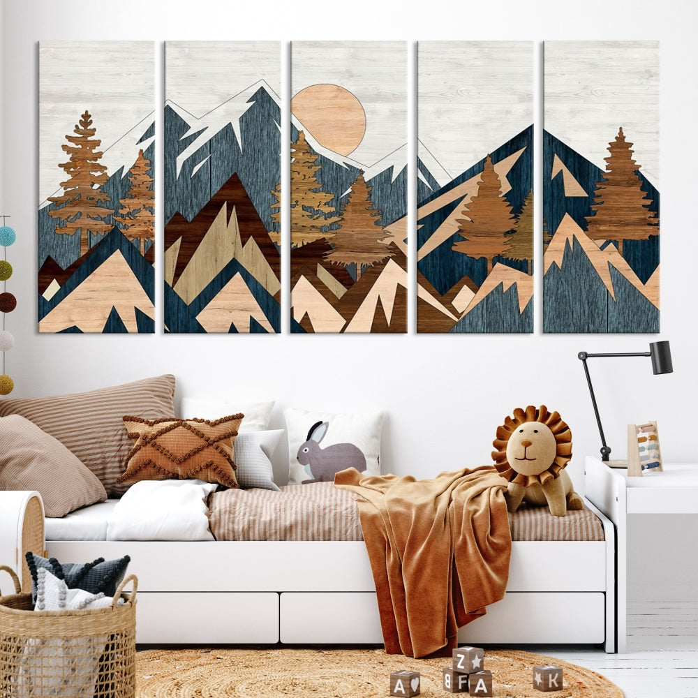 The Abstract Wood Panel Effect Mountain Range Top Wall Art Canvas Print is a striking three-panel art piece featuring mountains, trees, and the sun. Each canvas is gallery wrapped on museum-quality materials and comes with UV protection to ensure durability and preservation.