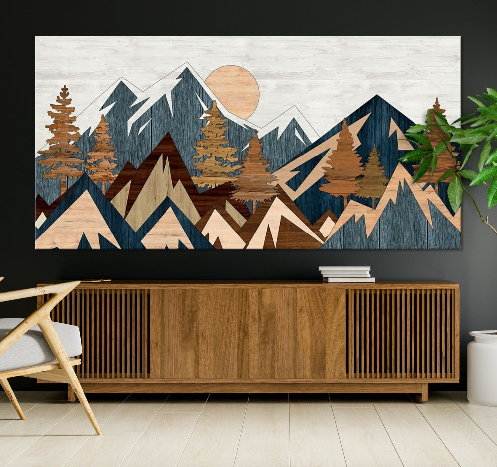 The Abstract Wood Panel Effect Mountain Range Top Wall Art Canvas Print is a striking three-panel art piece featuring mountains, trees, and the sun. Each canvas is gallery wrapped on museum-quality materials and comes with UV protection to ensure durability and preservation.