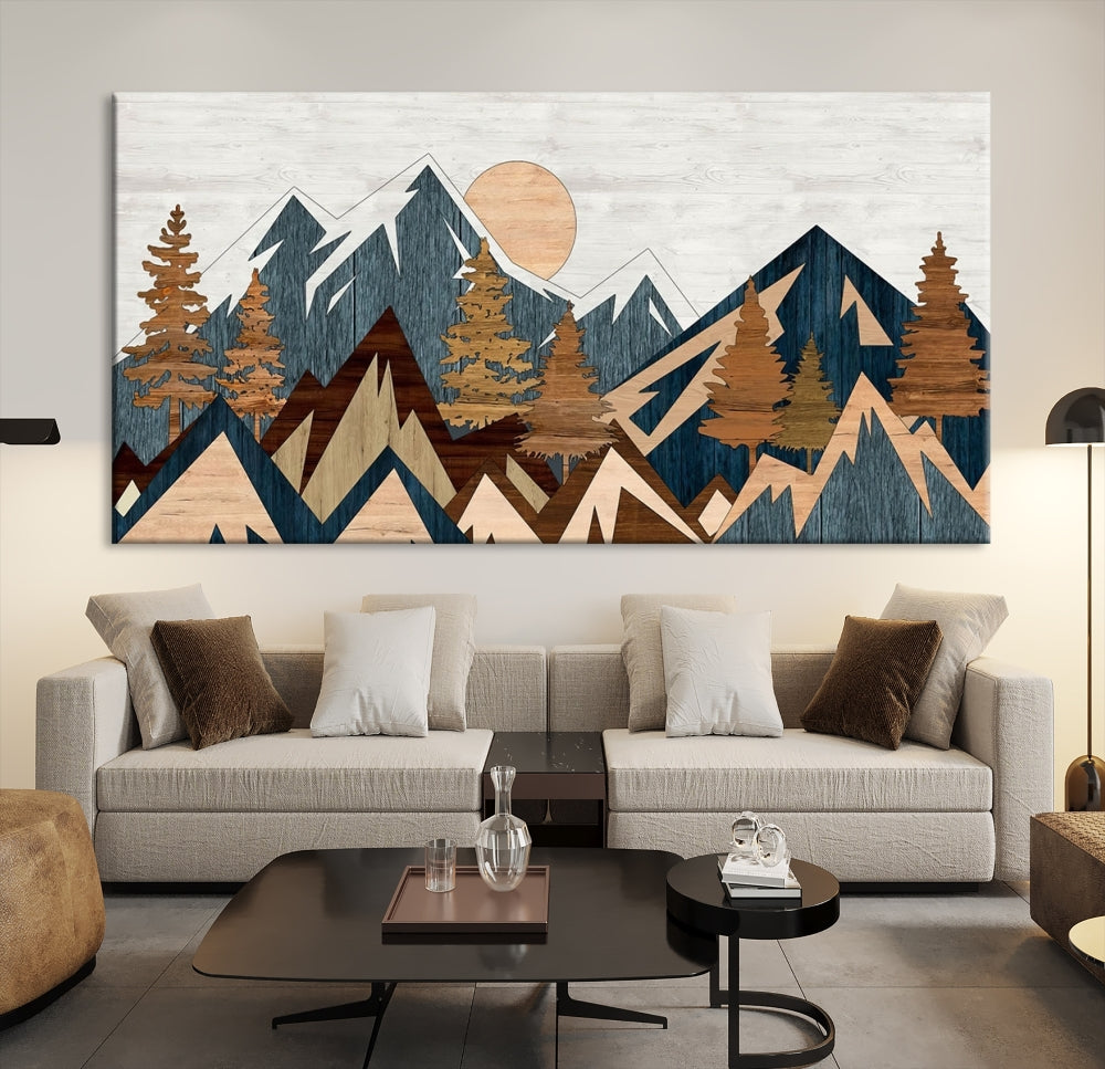 The Abstract Wood Panel Effect Mountain Range Top Wall Art Canvas Print is a striking three-panel art piece featuring mountains, trees, and the sun. Each canvas is gallery wrapped on museum-quality materials and comes with UV protection to ensure durability and preservation.