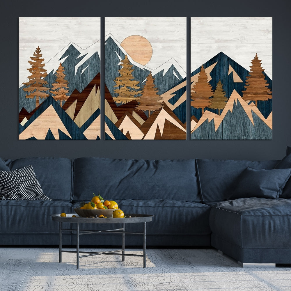 The Abstract Wood Panel Effect Mountain Range Top Wall Art Canvas Print is a striking three-panel art piece featuring mountains, trees, and the sun. Each canvas is gallery wrapped on museum-quality materials and comes with UV protection to ensure durability and preservation.