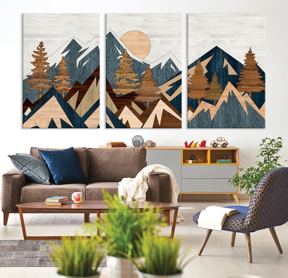 The Abstract Wood Panel Effect Mountain Range Top Wall Art Canvas Print is a striking three-panel art piece featuring mountains, trees, and the sun. Each canvas is gallery wrapped on museum-quality materials and comes with UV protection to ensure durability and preservation.