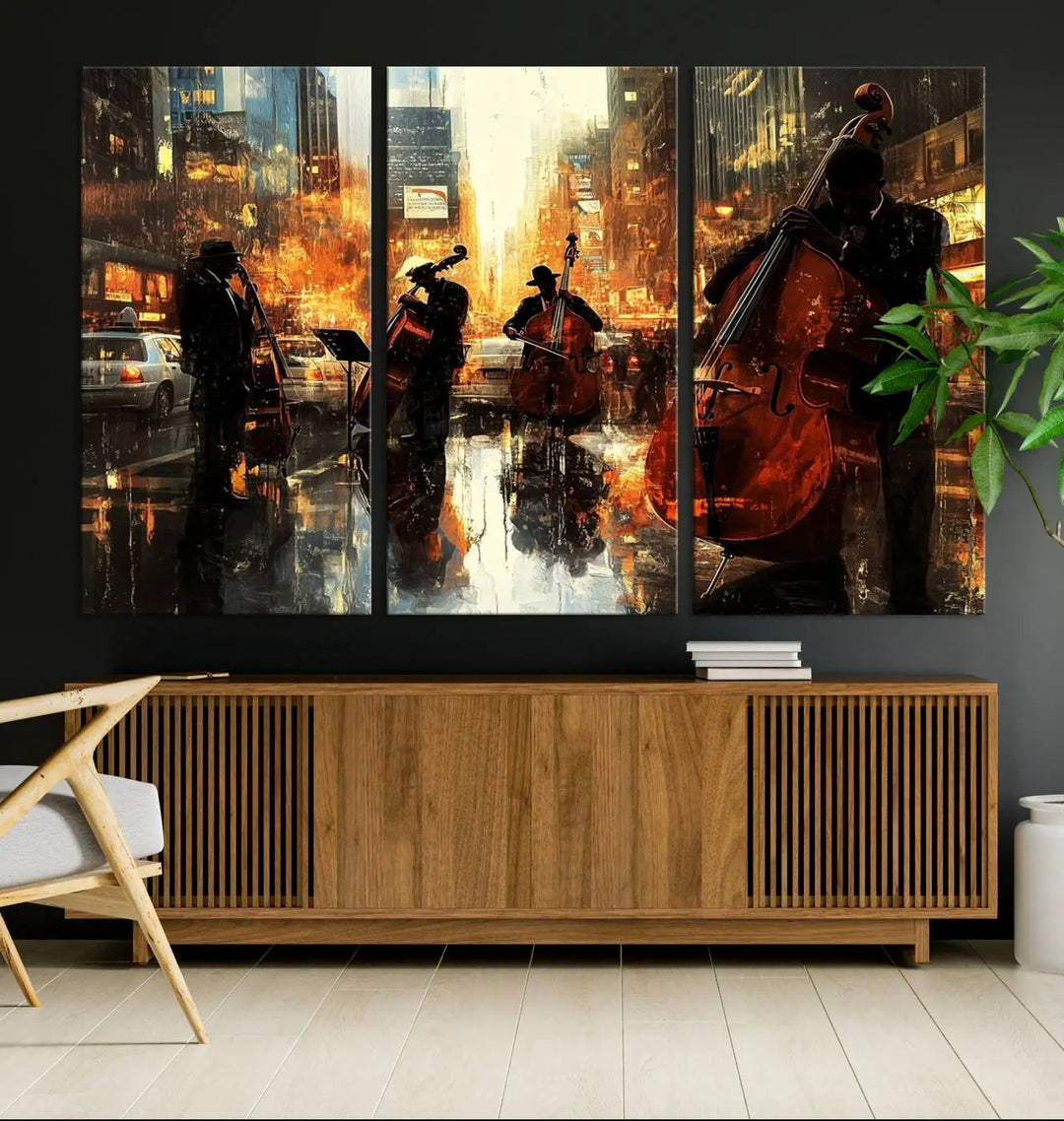 Living room adorned with African American Abstract Jazz Wall Art - Framed Art for Living Room Walls.