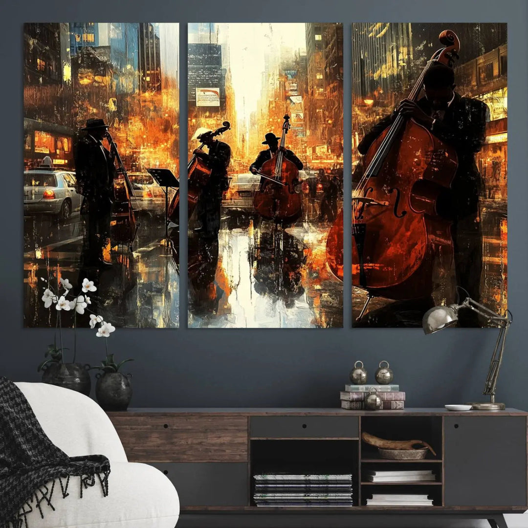 Living room adorned with African American Abstract Jazz Wall Art - Framed Art for Living Room Walls.