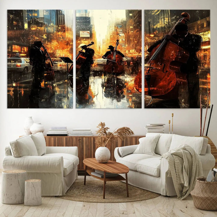 Living room adorned with African American Abstract Jazz Wall Art - Framed Art for Living Room Walls.