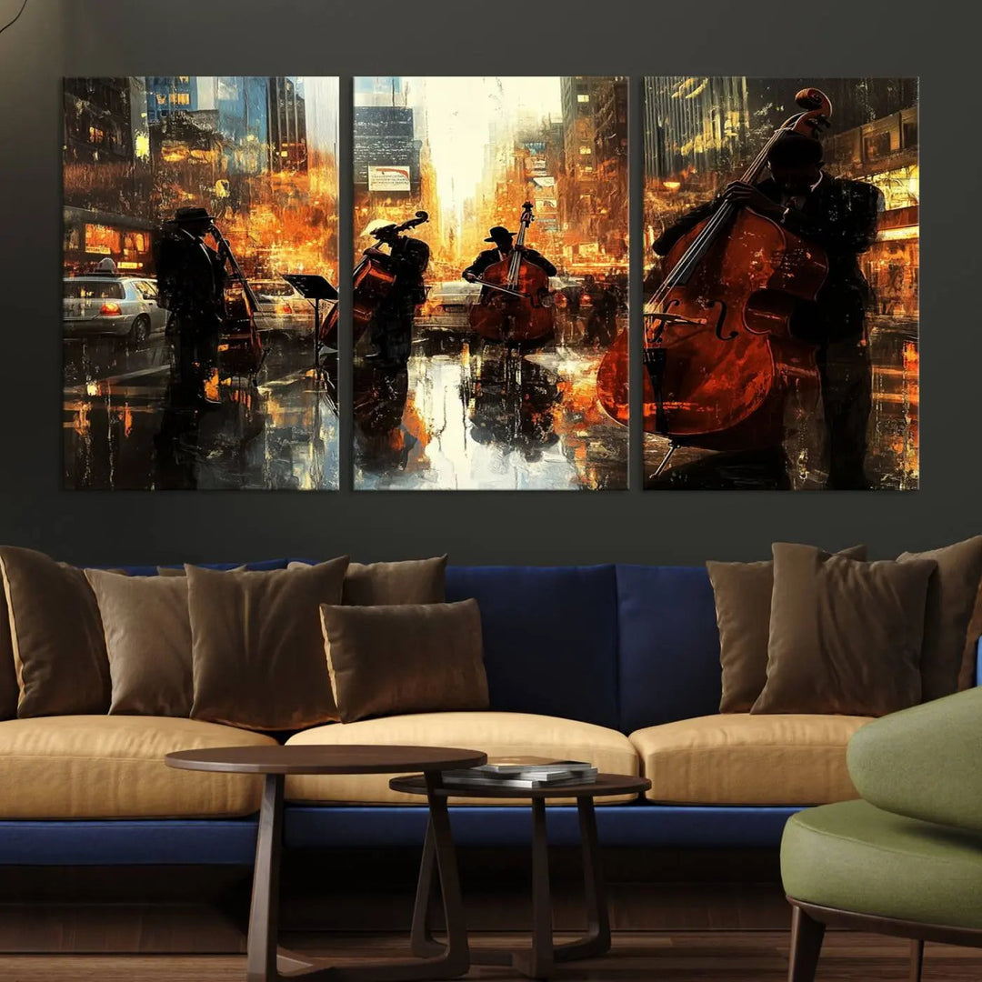 Living room adorned with African American Abstract Jazz Wall Art - Framed Art for Living Room Walls.